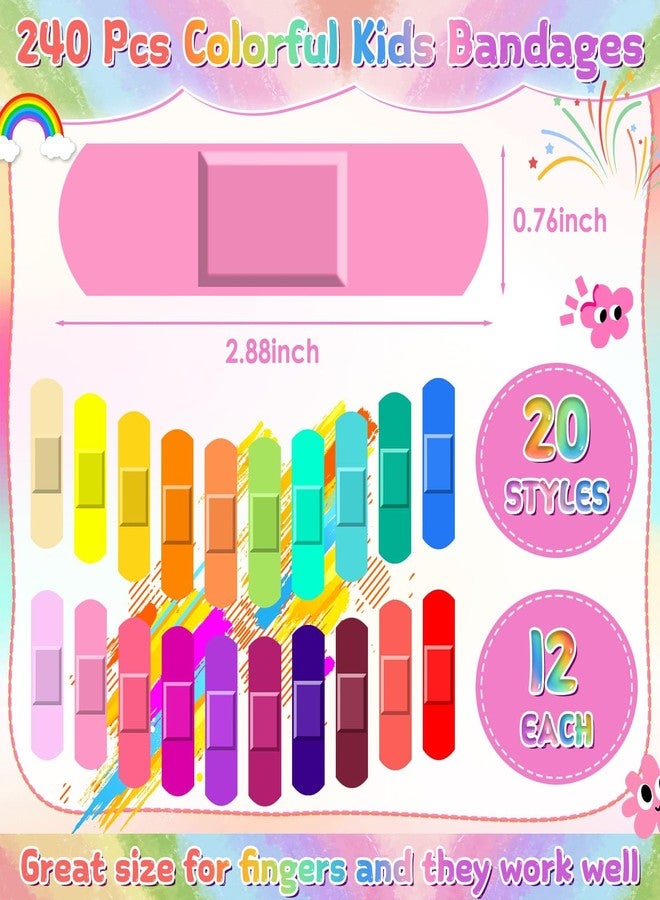 Flasoo 240 Pack Neon Bandages, 20 Color Styles Kids Bandage, Colorful Bandag Flexible & Waterproof Adhesive for Minor Scrapes, One Size Cute Rainbow Bandages for Children(Fun & Cheerful) - Image 3